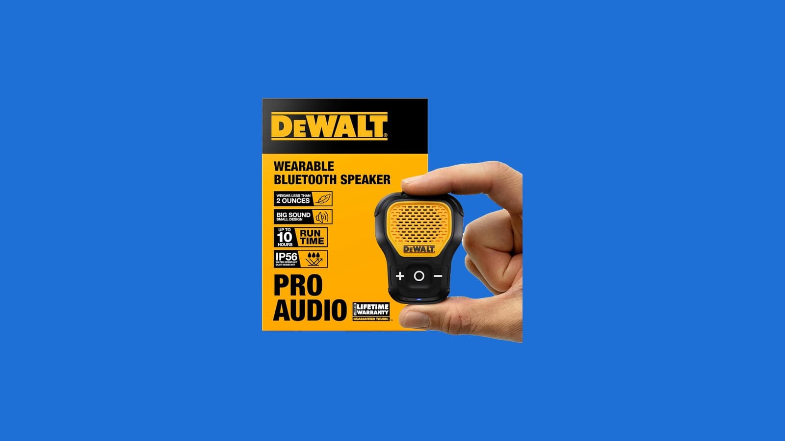 DEWALT Mini Wearable Bluetooth Speaker, Clip-On Jobsite Pro (Yellow)