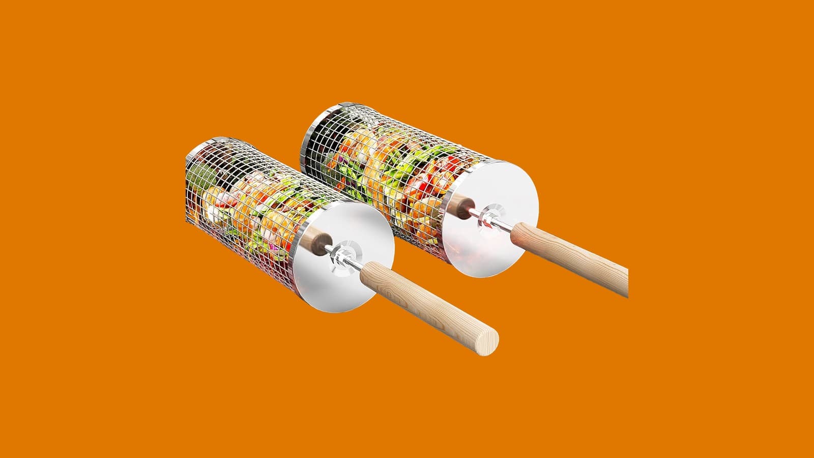 Ivtivfu Rolling Grill Basket, 2 Piece Nesting Set with Removable Wooden Handle
