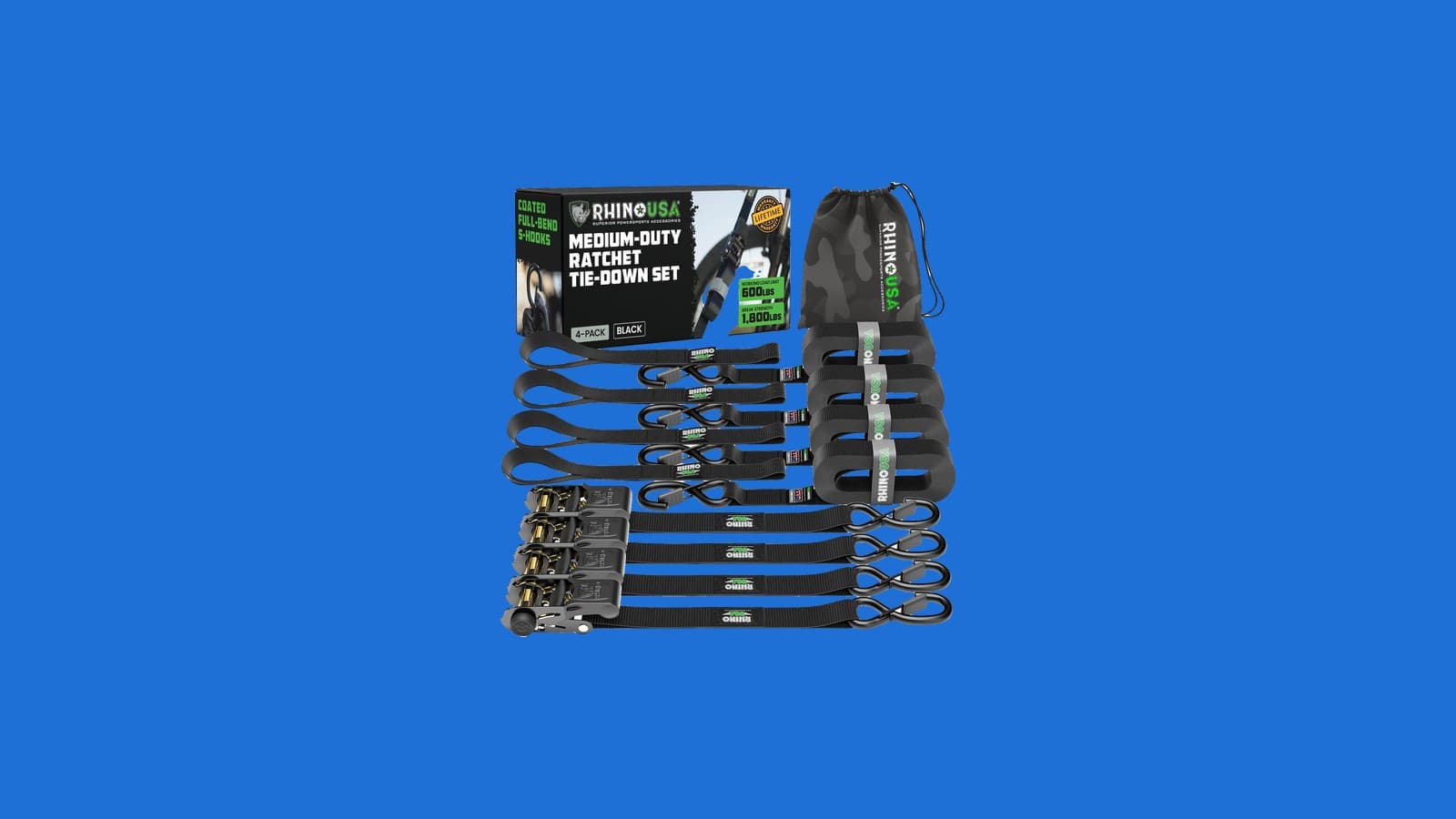 Rhino USA Ratchet Straps Tie Downs, 4 Pack