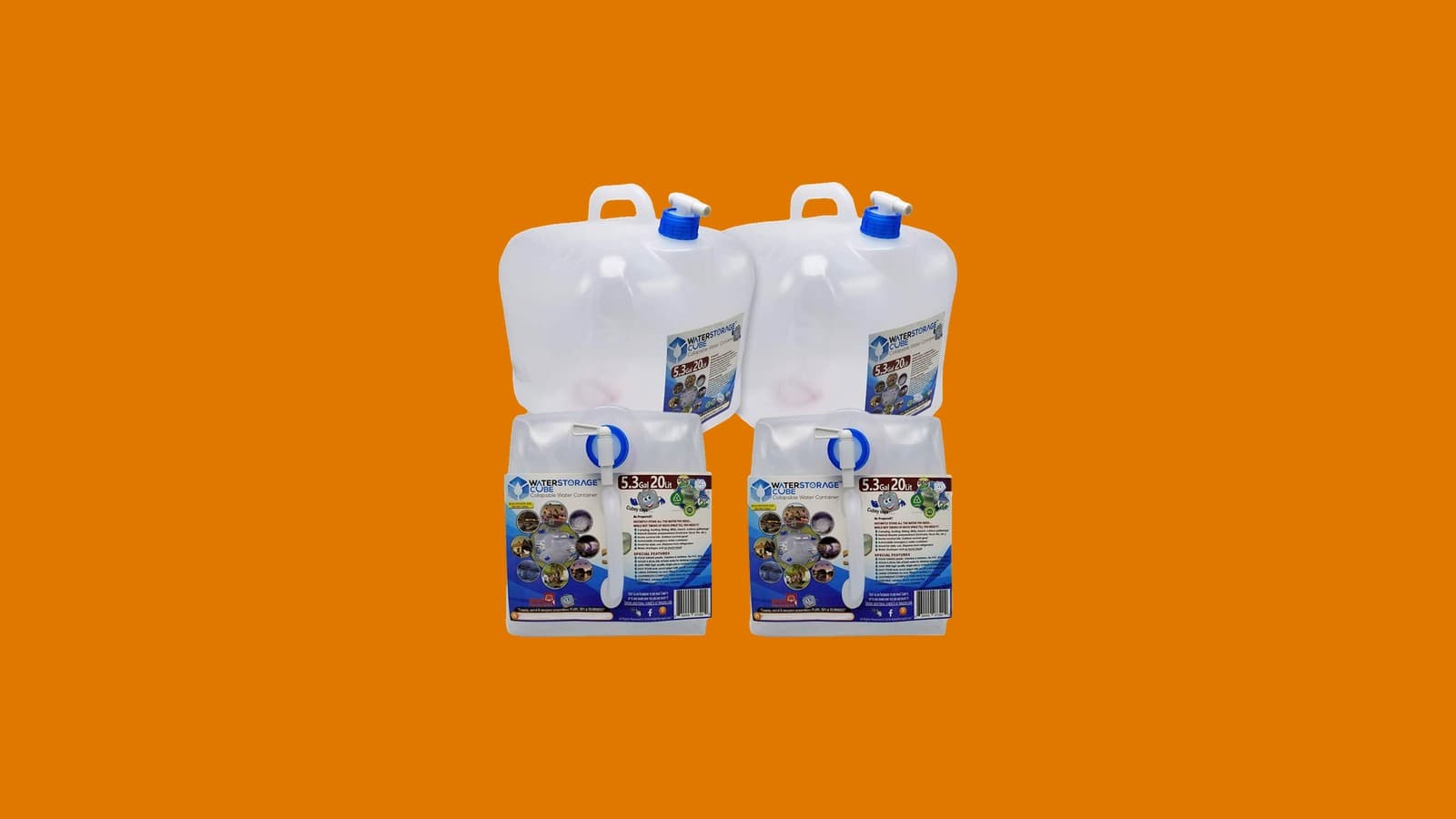 WaterStorageCube Collapsible Water Container with Spigot, 5.3 Gal, 2 Pack