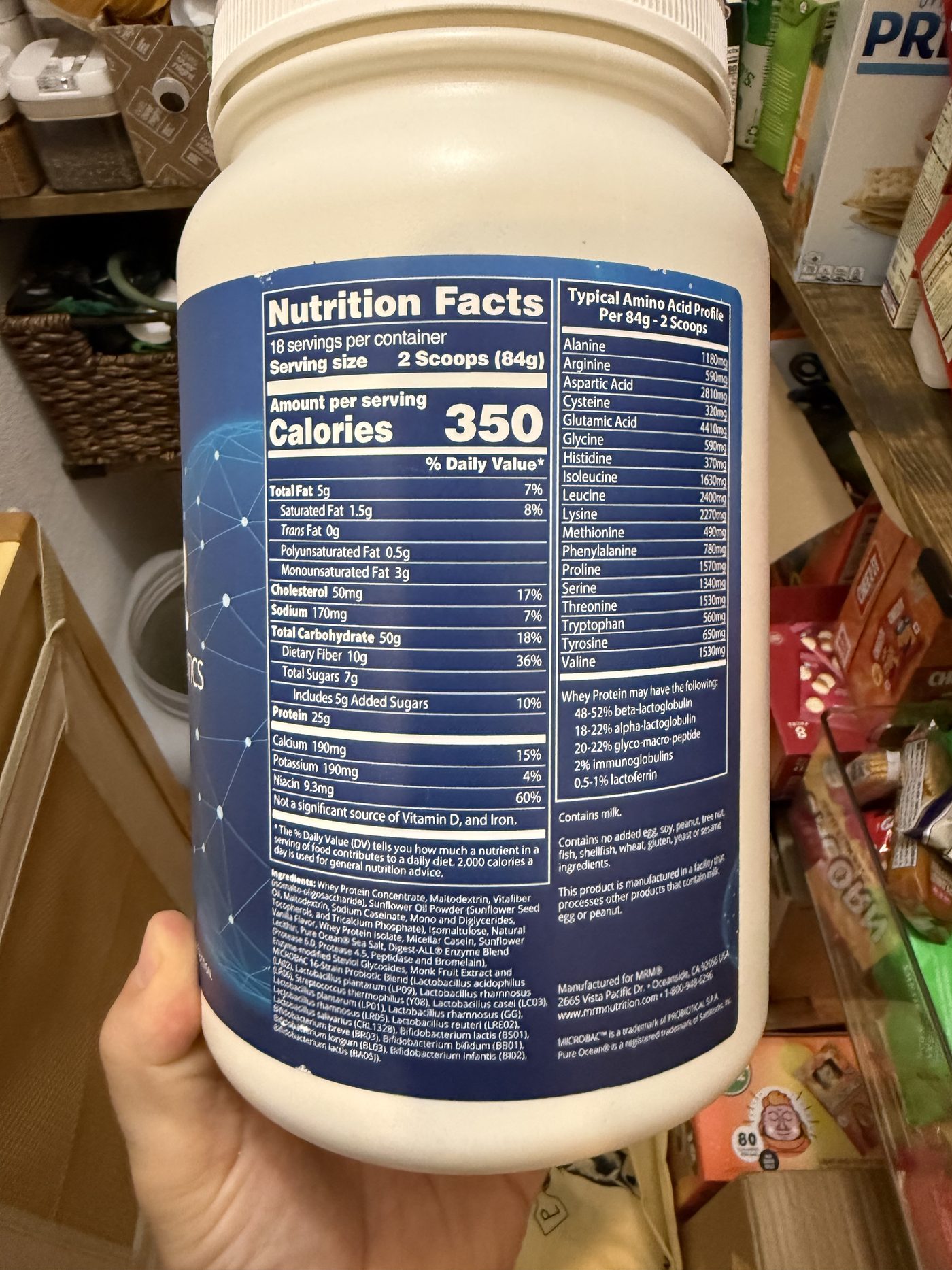 The nutrition label: 350 calories a serving, 50 grams of carbs, and the 16-strain probiotic blend in the ingredients
