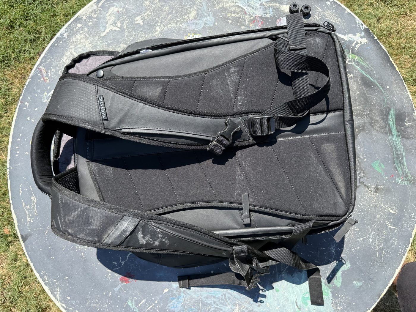 The back panel after years of daily carry: sunscreen, sweat, and all