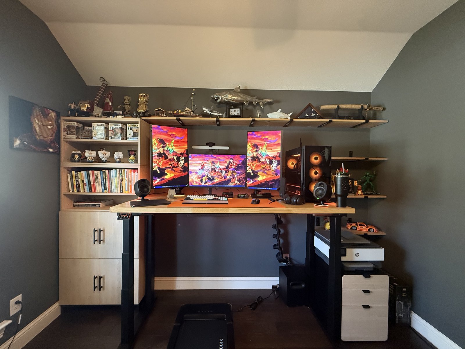 The full office: MoPac stack on the left, UPLIFT V3 4-Leg desk in the middle, file cabinet on the right