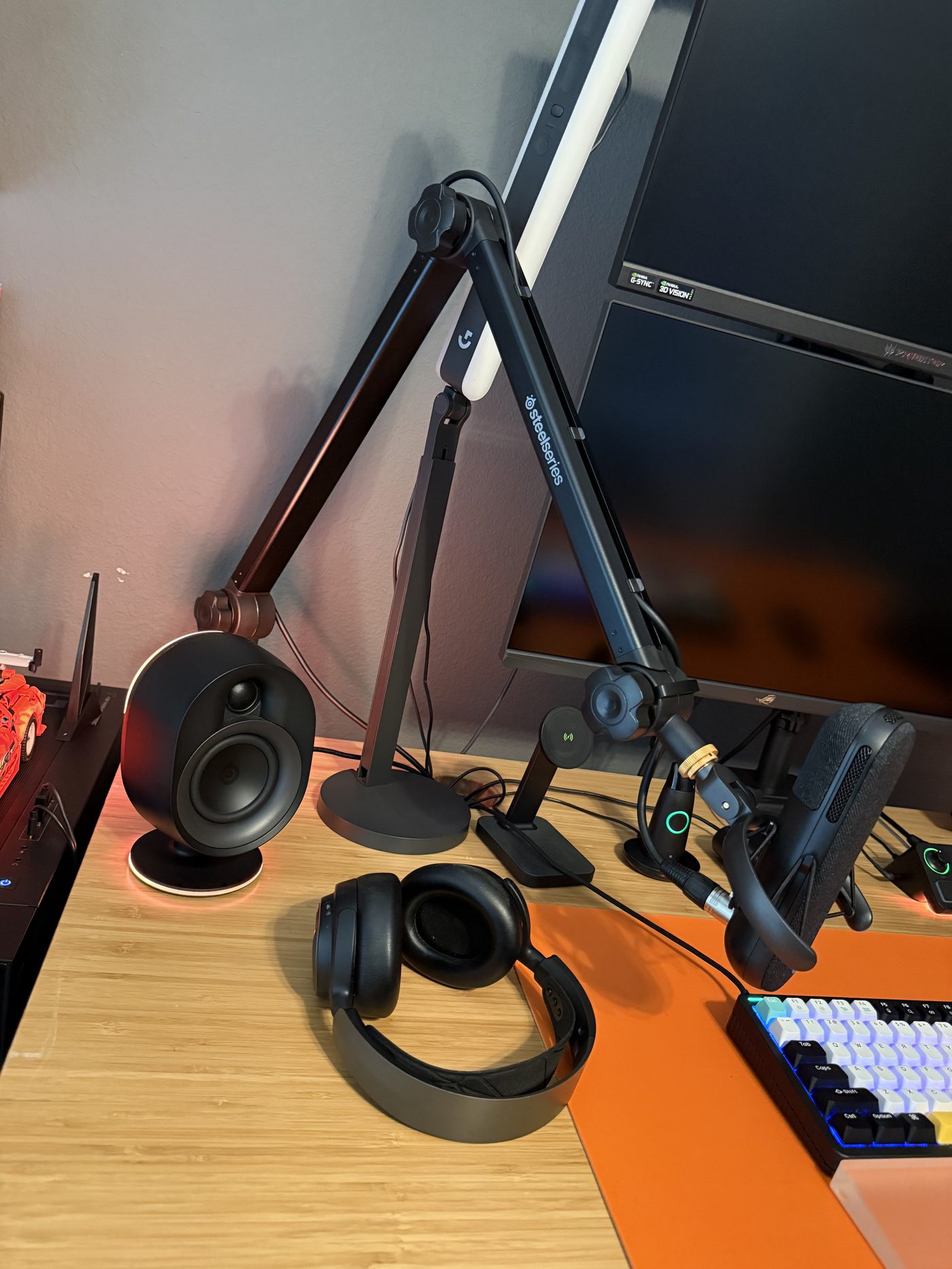 The audio corner: Arena speaker, Nova Pro on its stand, Alias on the boom
